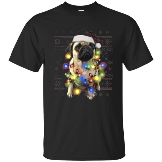 Dog Lover T-shirt Ugly Sweater Photoreal Christmas Lights Pug Graphic Black