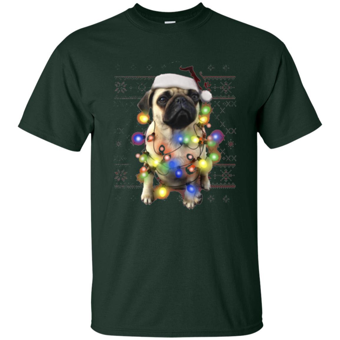 Dog Lover T-shirt Ugly Sweater Photoreal Christmas Lights Pug Graphic Forest Green