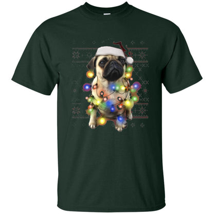 Dog Lover T-shirt Ugly Sweater Photoreal Christmas Lights Pug Graphic Forest Green