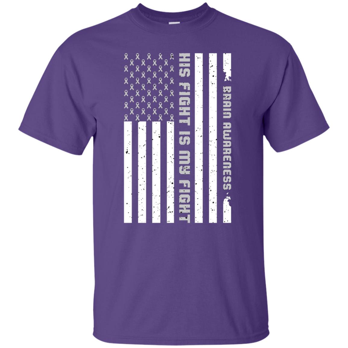Brain Awareness His Fight Is My Fight Grey Ribbon Stars Flag Of Usa Shirt Purple