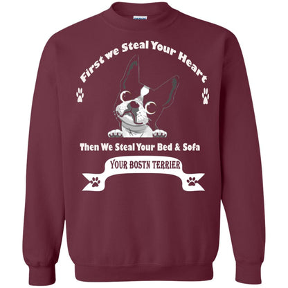 Frist We Steal Your Heart Boston Terrier T-shirt Maroon