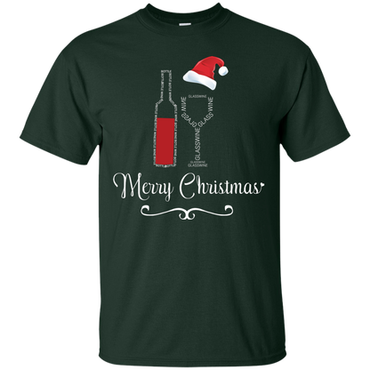 Christmas T-shirt Merry Christmas With Wine Botle And Glass Wine Forest Green