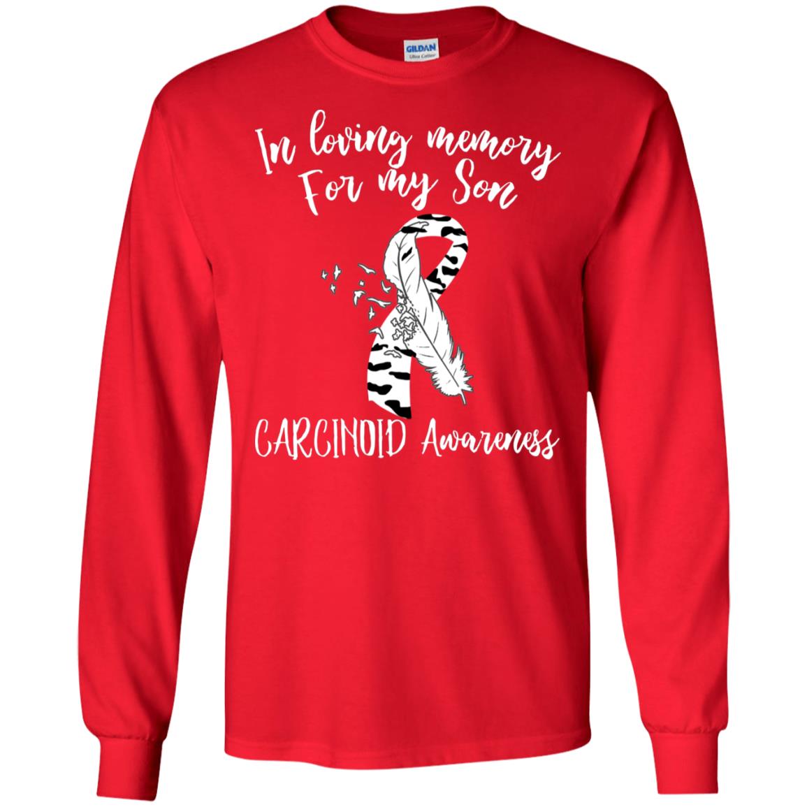 In Loving Memory For My Son Carcinoid Awarenss Zebra Stripe Ribbons Shirt Red