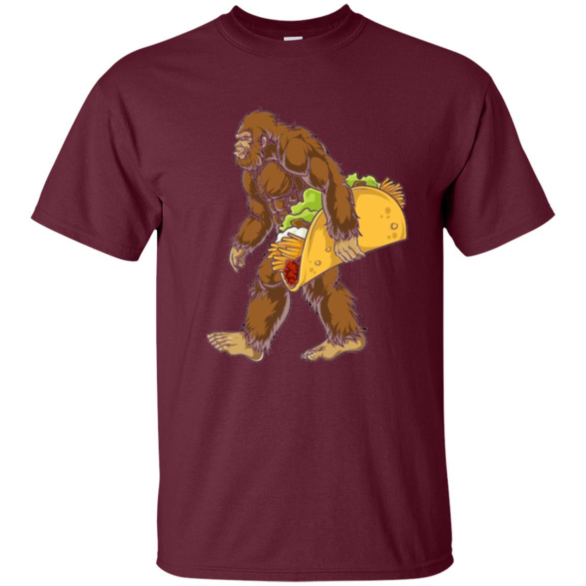 Camping T-shirt Bigfoot Sasquatch Carrying Taco Maroon