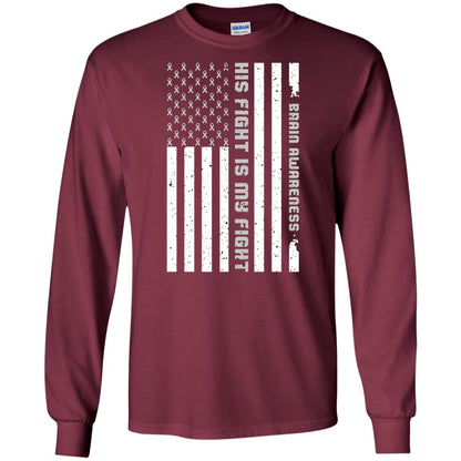Brain Awareness His Fight Is My Fight Grey Ribbon Stars Flag Of Usa Shirt Maroon