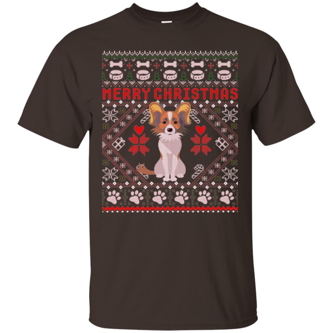 Dog Lover T-shirt Papillon Dog Merry Christmas Dark Chocolate