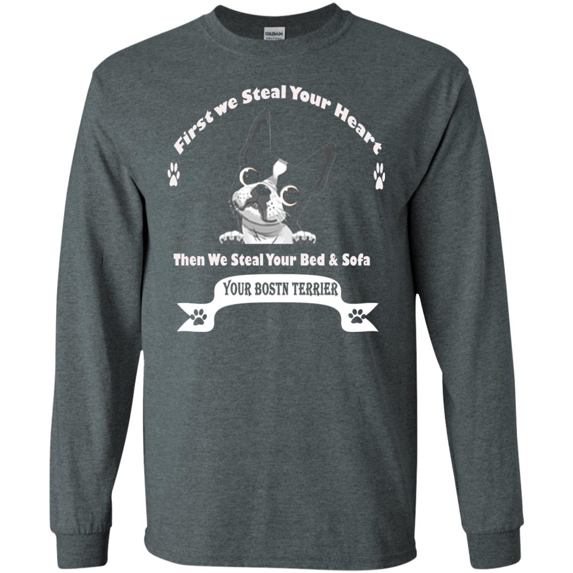 Frist We Steal Your Heart Boston Terrier T-shirt Dark Heather