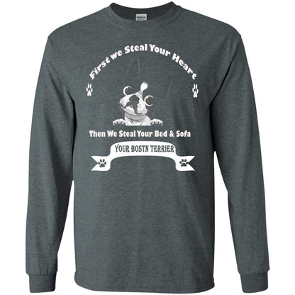 Frist We Steal Your Heart Boston Terrier T-shirt Dark Heather