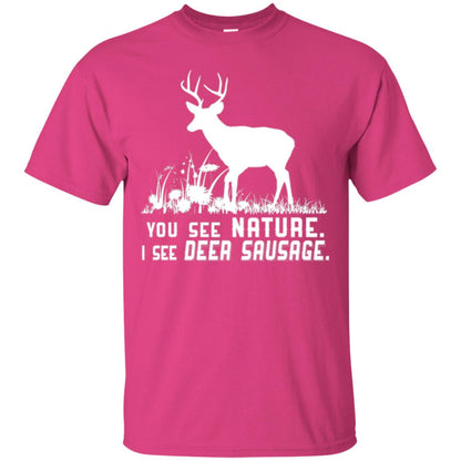 Funny Hunting T-shirt You See Nature I See Deer Sausage Heliconia