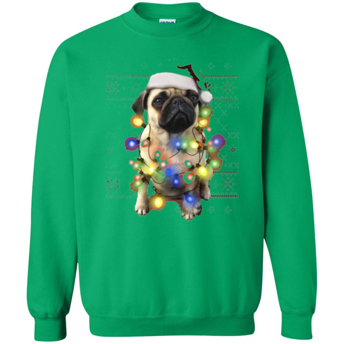 Dog Lover T-shirt Ugly Sweater Photoreal Christmas Lights Pug Graphic Irish Green