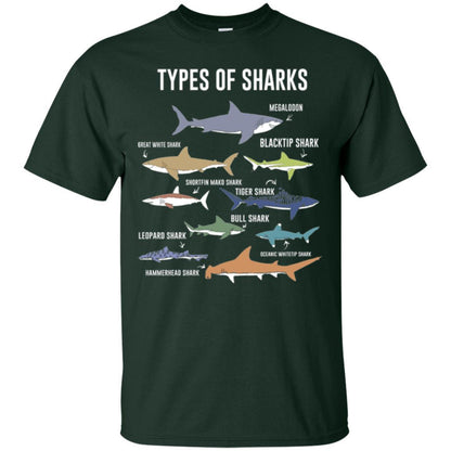 Shark Lover T-shirt 9 Types Of Sharks Ocean Forest Green