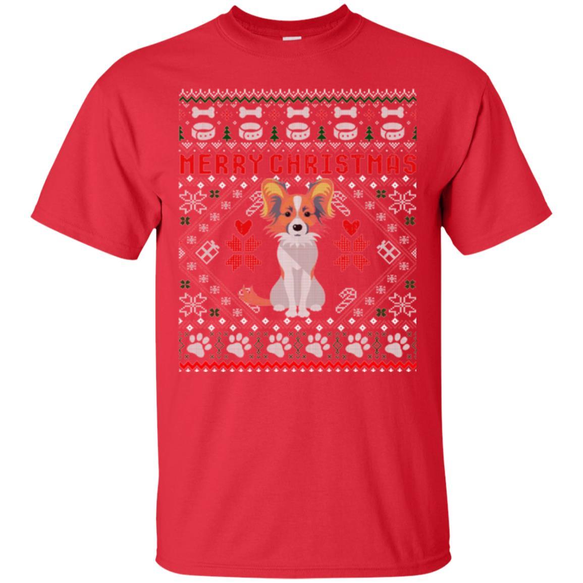 Dog Lover T-shirt Papillon Dog Merry Christmas Red