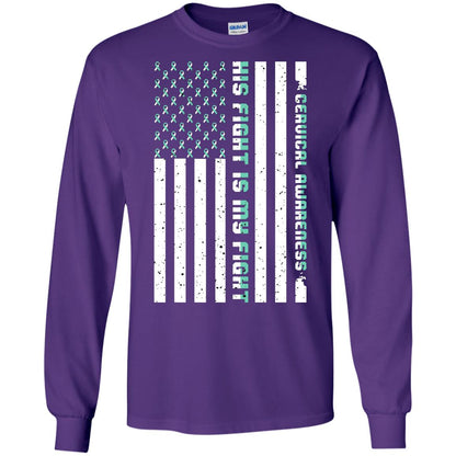 Cervical Awareness His Fight Is My Fight Teal White Stars Flag Of Usa Shirt Purple