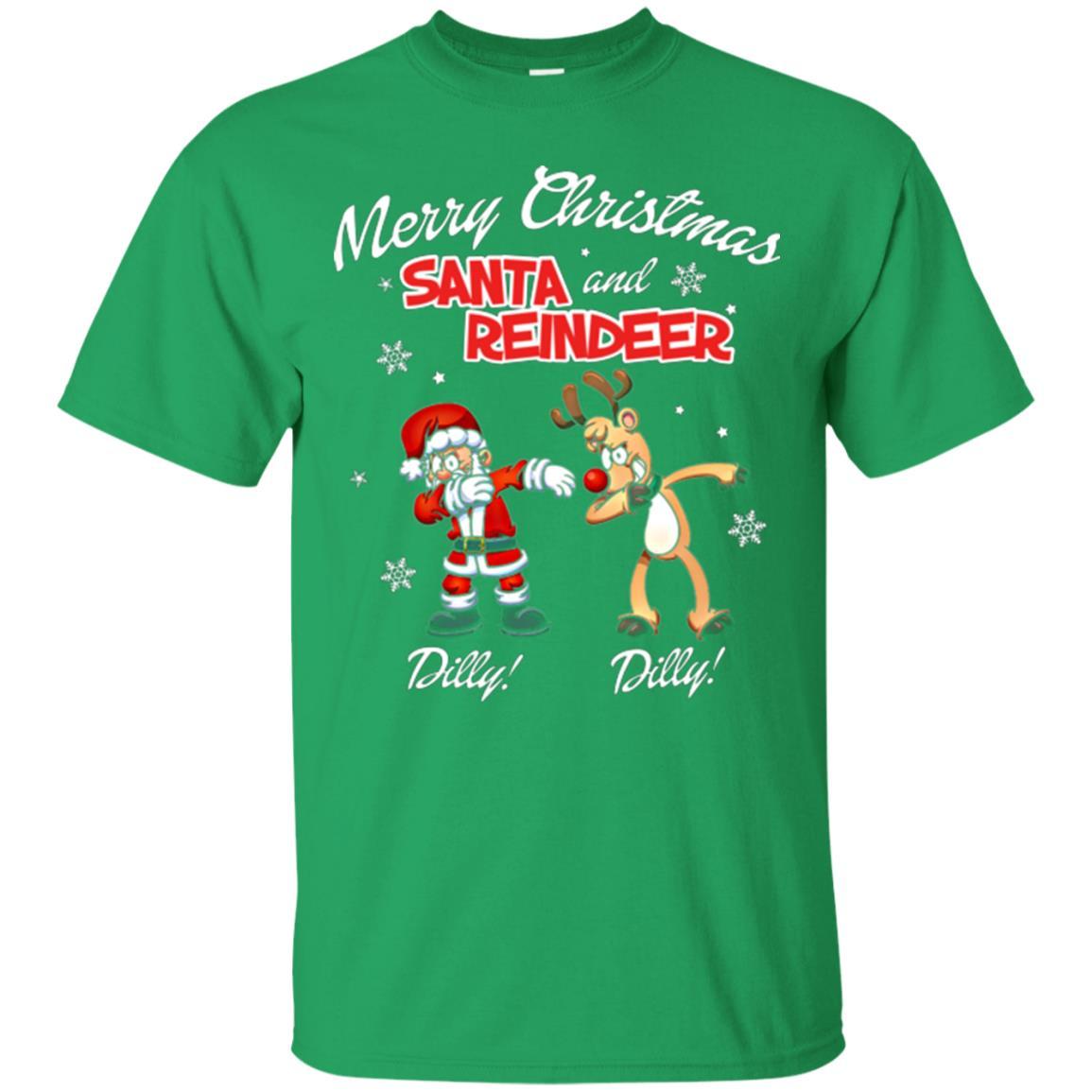 Christmas T-shirt Merry Christmas Santa And Reindeer Dilly Dilly Irish Green