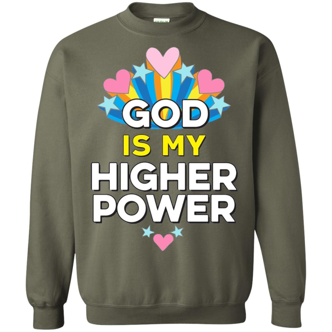 Funny Christian T-shirt God Is My Higher Power Hearts Stars Military Green