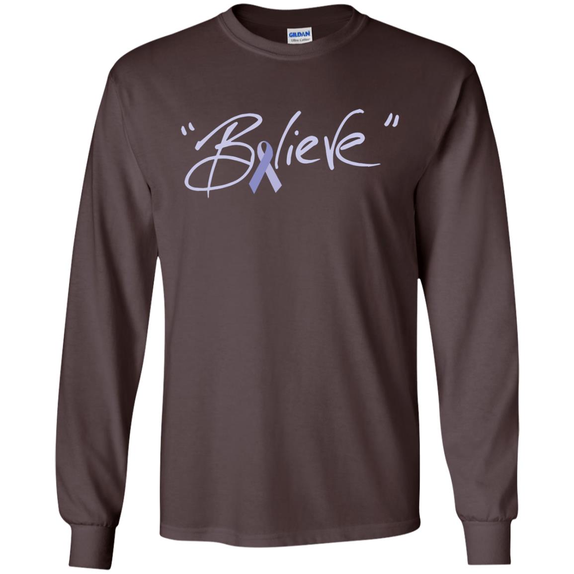 Esophageal And Stomach Cancer Awareness Shirt Periwinkle Blue Ribbon Believe Dark Chocolate
