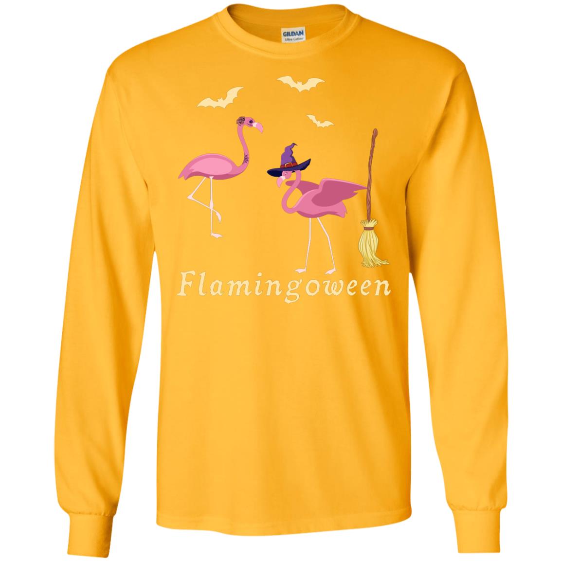Flamingoween Flamingo Wicth Ride Stick Funny Quote On Haloween Gift Shirt Gold