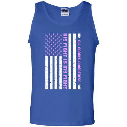All Cancer Awareness His Fight Is My Fight Lavender Ribbon Stars Flag Of Usa Shirt Royal