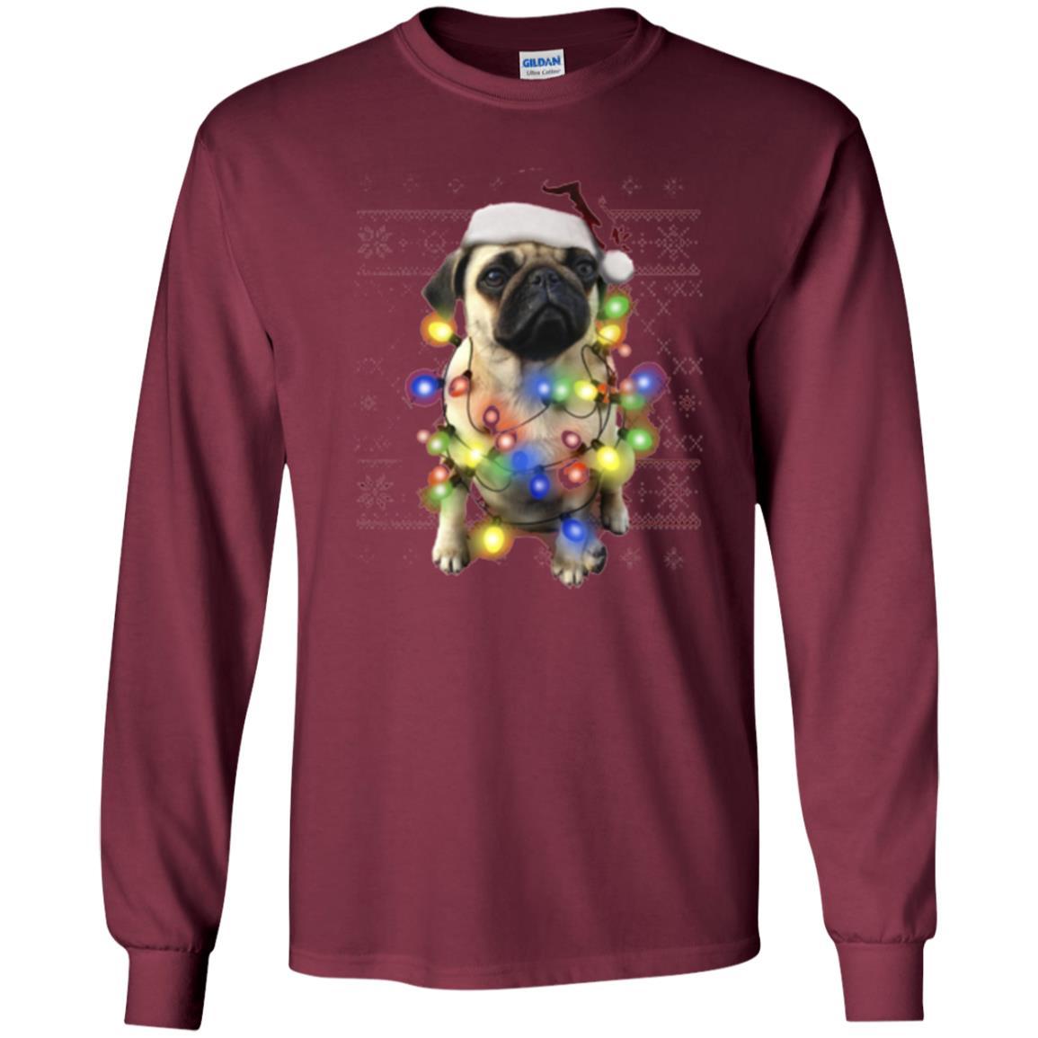 Dog Lover T-shirt Ugly Sweater Photoreal Christmas Lights Pug Graphic Maroon