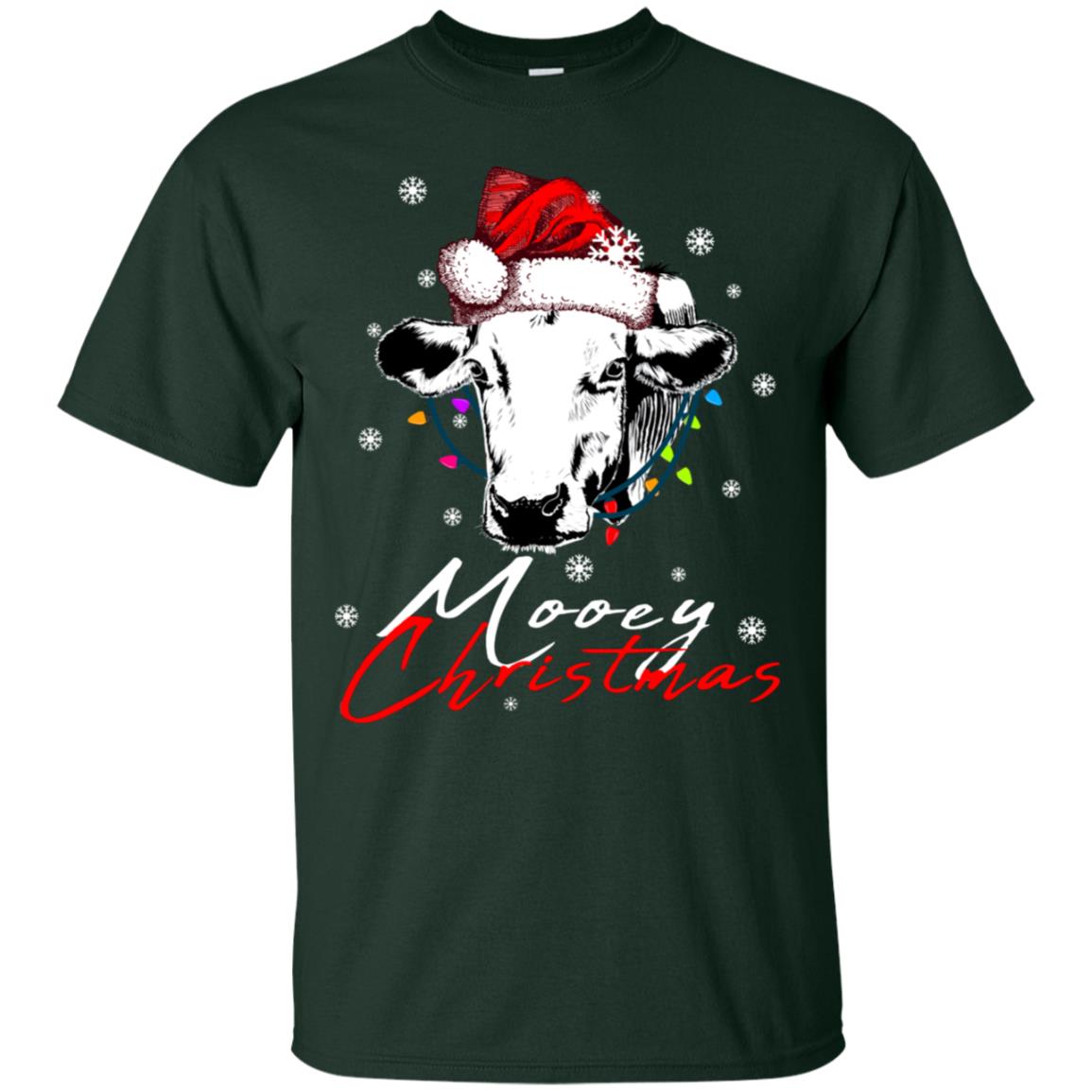 Mooey Merry Christmas X-mas Cow With Santa Hat And Lights Gift Shirt Forest