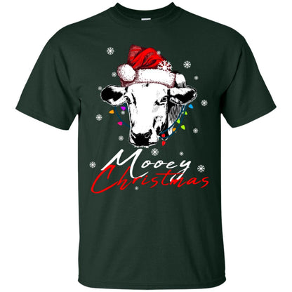 Mooey Merry Christmas X-mas Cow With Santa Hat And Lights Gift Shirt Forest