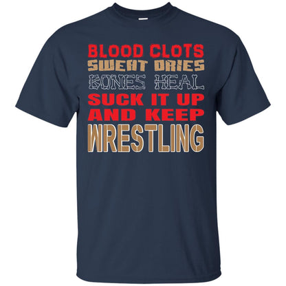 Wrestling T-shirt Blood Clots Sweat Dries Bones Heel Navy