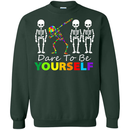 Skeleton Dabbing Dare To Be Yourself Autism Awareness Shirt Forest Green