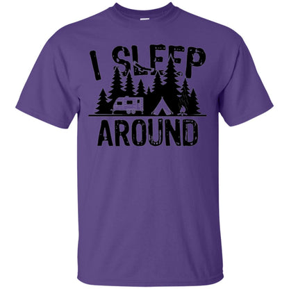Funny Camping T-shirt I Sleep Around Purple