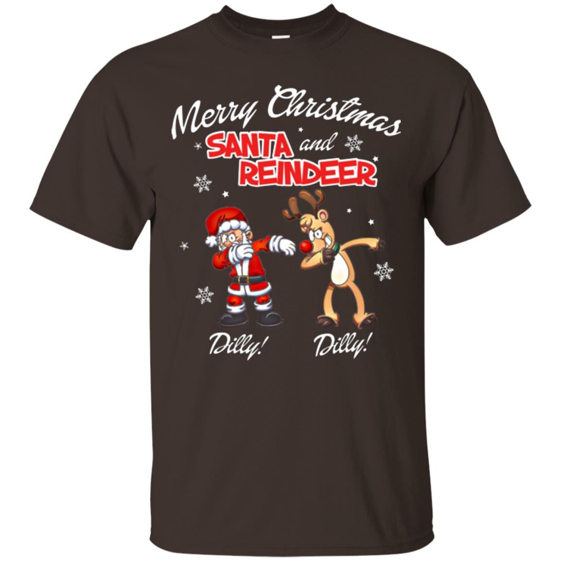 Christmas T-shirt Merry Christmas Santa And Reindeer Dilly Dilly Dark Chocolate