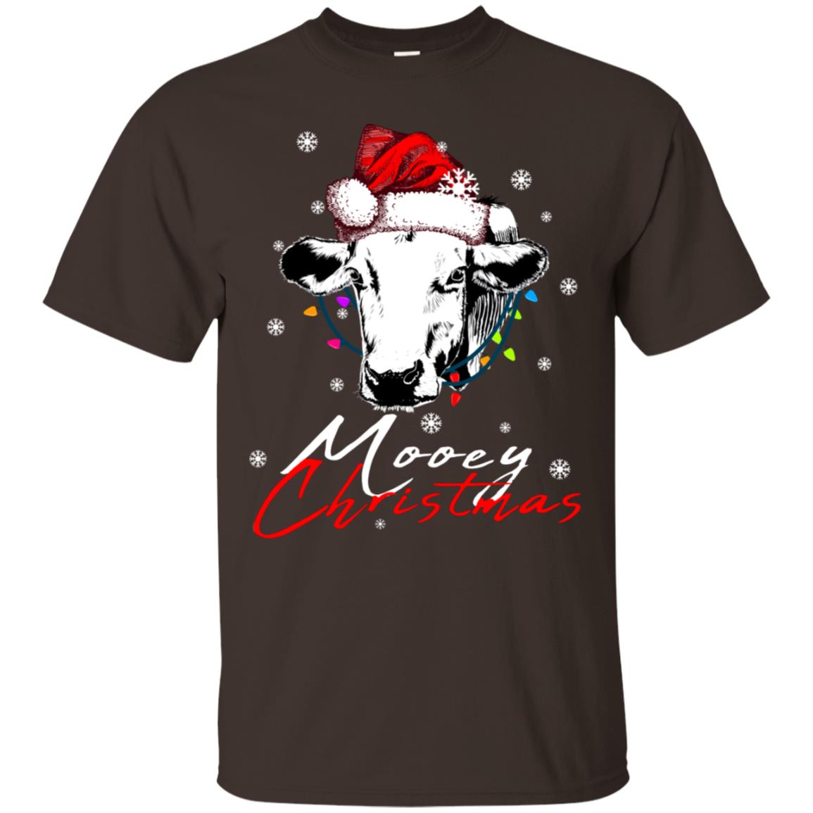 Mooey Merry Christmas X-mas Cow With Santa Hat And Lights Gift Shirt Dark Chocolate