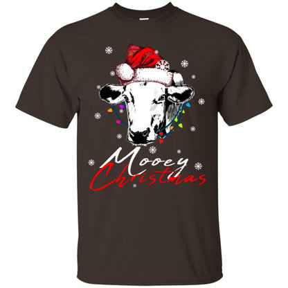 Mooey Merry Christmas X-mas Cow With Santa Hat And Lights Gift Shirt Dark Chocolate