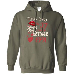 This Lady Is 27 Sexy Since October 1991 27th Birthday Shirt For October WomensG185 Gildan Pullover Hoodie 8 oz.