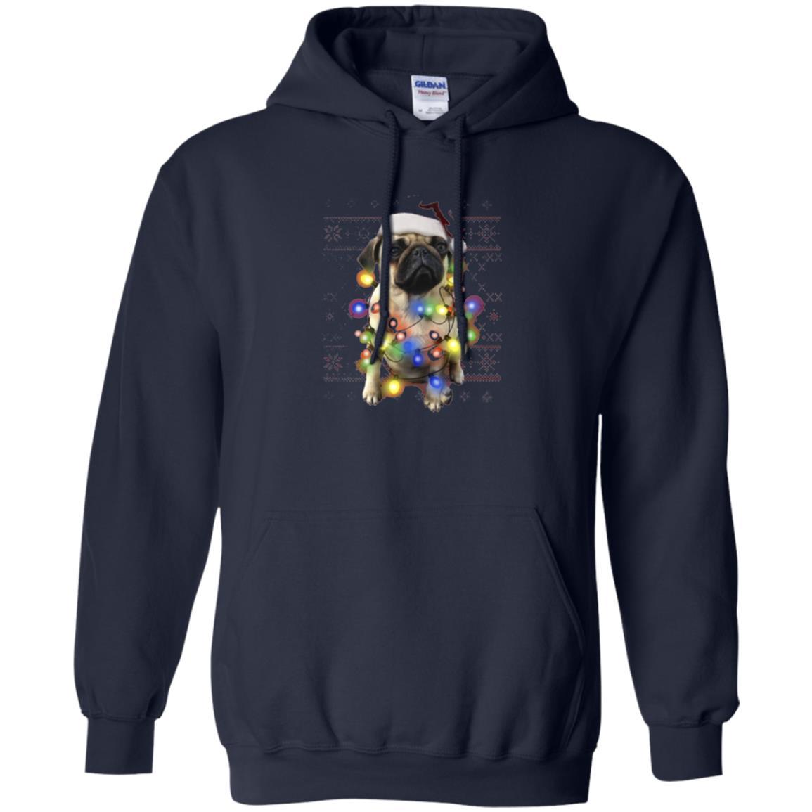 Dog Lover T-shirt Ugly Sweater Photoreal Christmas Lights Pug Graphic Navy