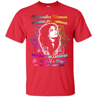 November Woman Shirt The Soul Of A Mermaid The Fire Of Lioness The Heart Of A Hippeie The Spirit Of A Butterfly Red