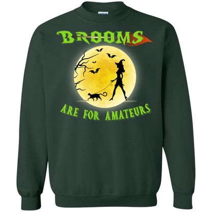 Brooms Are For Amateurs Witches Walk With Cat Funny Halloween Shirt Forest Green
