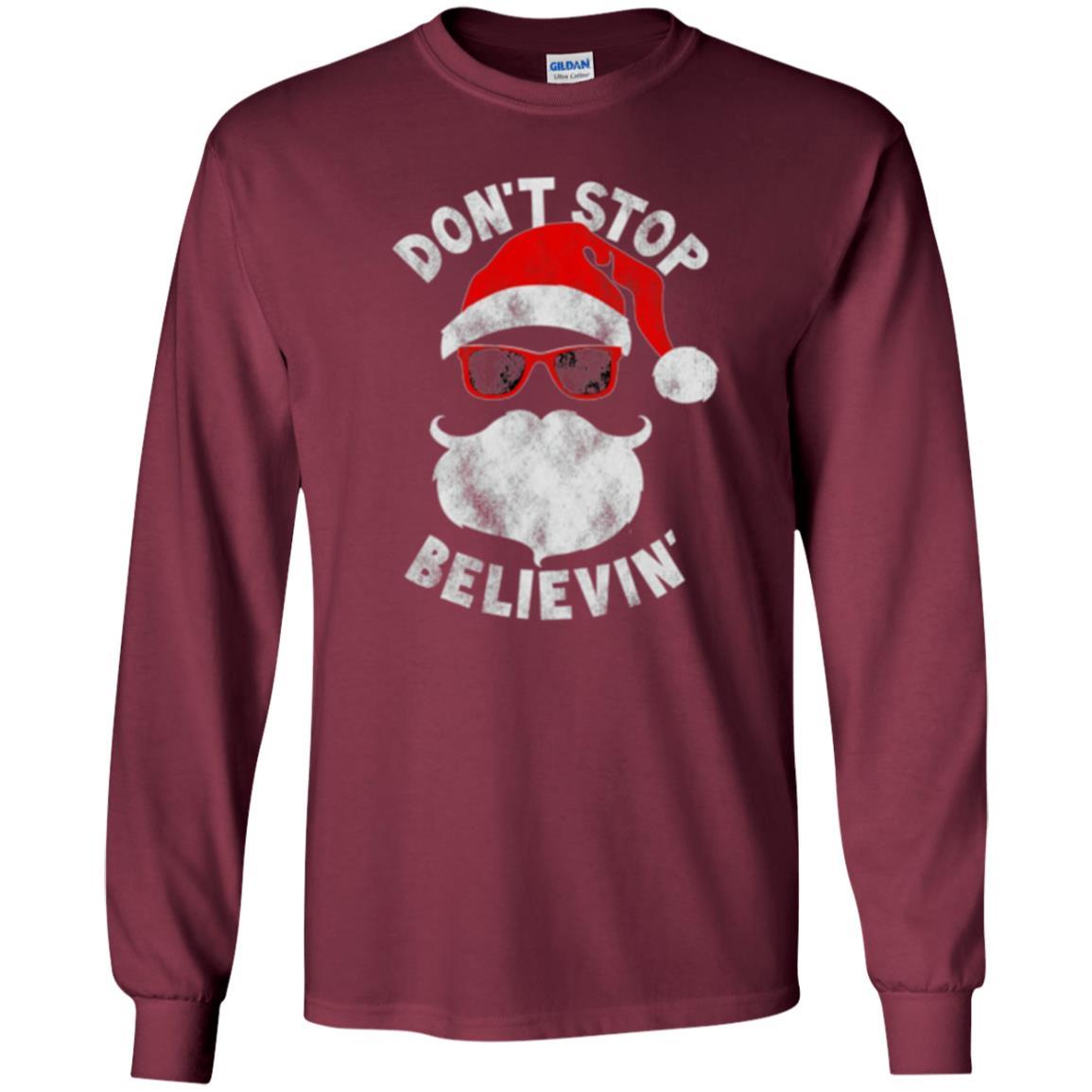 Christmas T-shirt Don't Stop Believing Cool Shades Santa Maroon