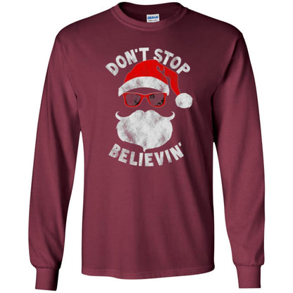 Christmas T-shirt Don't Stop Believing Cool Shades Santa Maroon