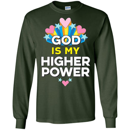 Funny Christian T-shirt God Is My Higher Power Hearts Stars Forest Green