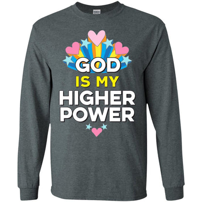 Funny Christian T-shirt God Is My Higher Power Hearts Stars Dark Heather