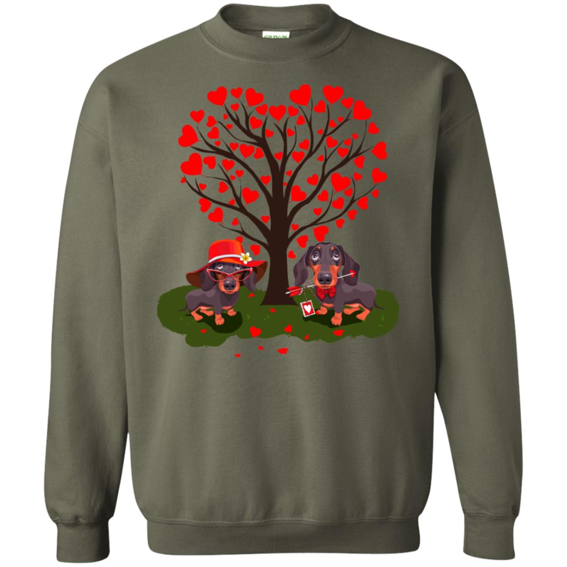 Valentine Dachshund Couple Heart Tree Shirt Military Green