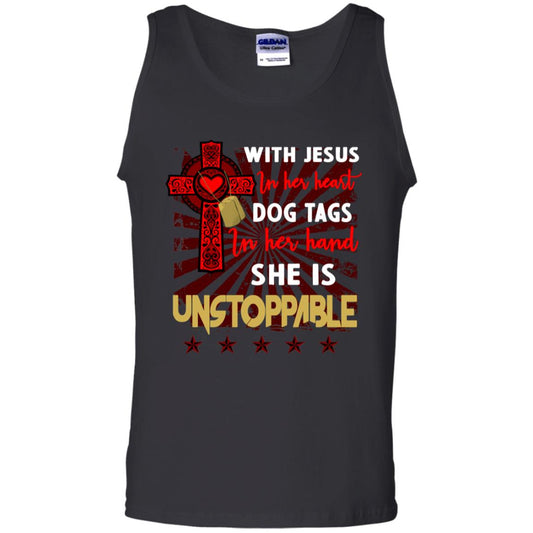 With Jesus In Her Heart Dog Tags In Her Hand She Is Unstoppable Christian Shirt For Girls Black