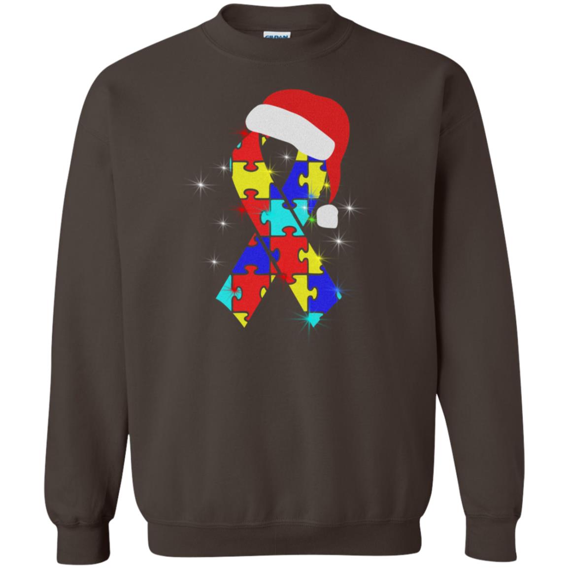 Autism Puzzle Ribbon Santa Hat X-mas Gift Shirt Dark Chocolate