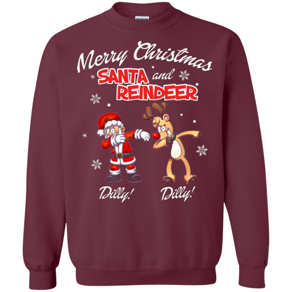 Christmas T-shirt Merry Christmas Santa And Reindeer Dilly Dilly Maroon