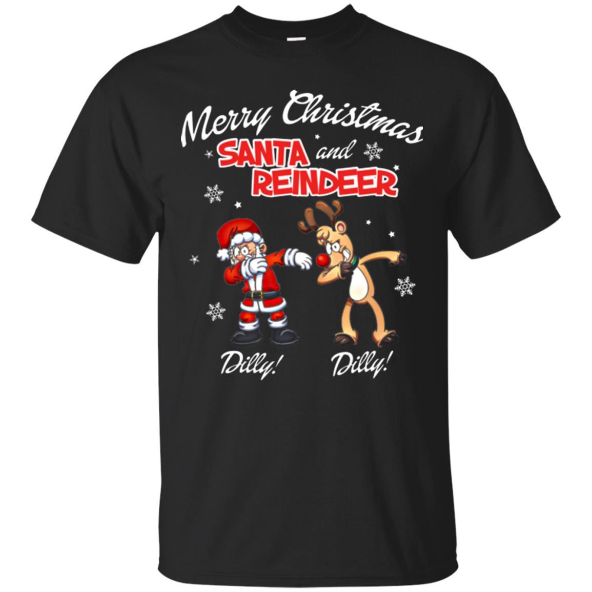 Christmas T-shirt Merry Christmas Santa And Reindeer Dilly Dilly Black