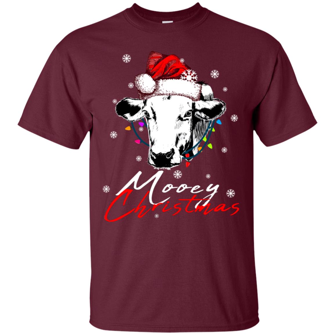 Mooey Merry Christmas X-mas Cow With Santa Hat And Lights Gift Shirt Maroon