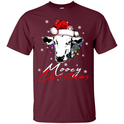 Mooey Merry Christmas X-mas Cow With Santa Hat And Lights Gift Shirt Maroon