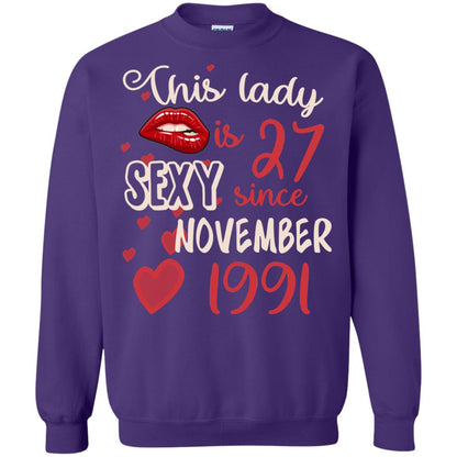 This Lady Is 27 Sexy Since November 1991 27th Birthday Shirt For November Womens Purple