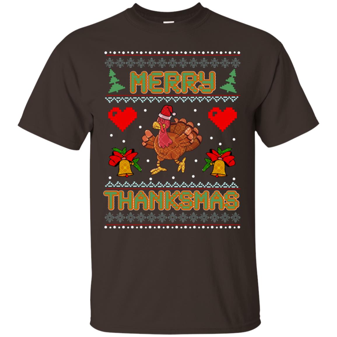 Merry Thanksmas Turkey Thanksgiving Gift Shirt For Mens Or Womens Dark Chocolate