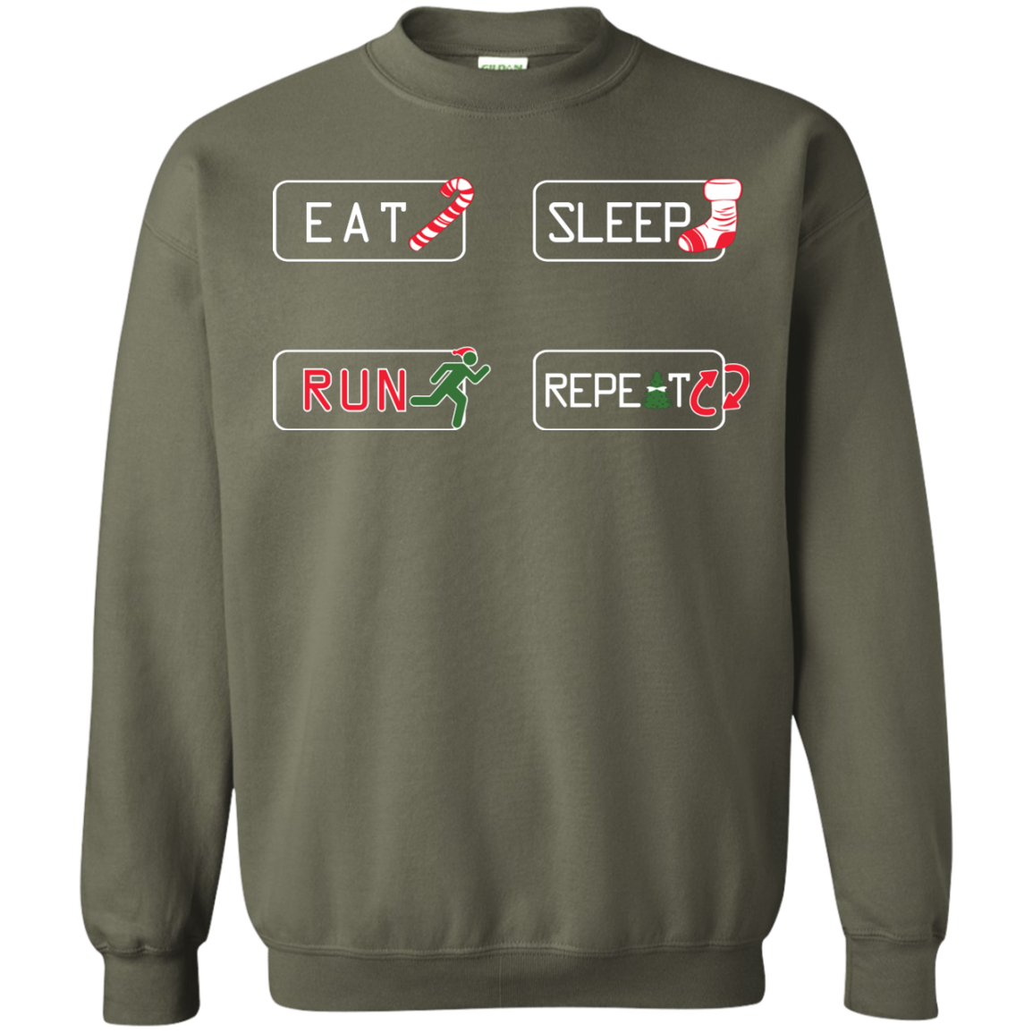 Christmas T-Shirt Eat Sleep Run Repeat Military Green