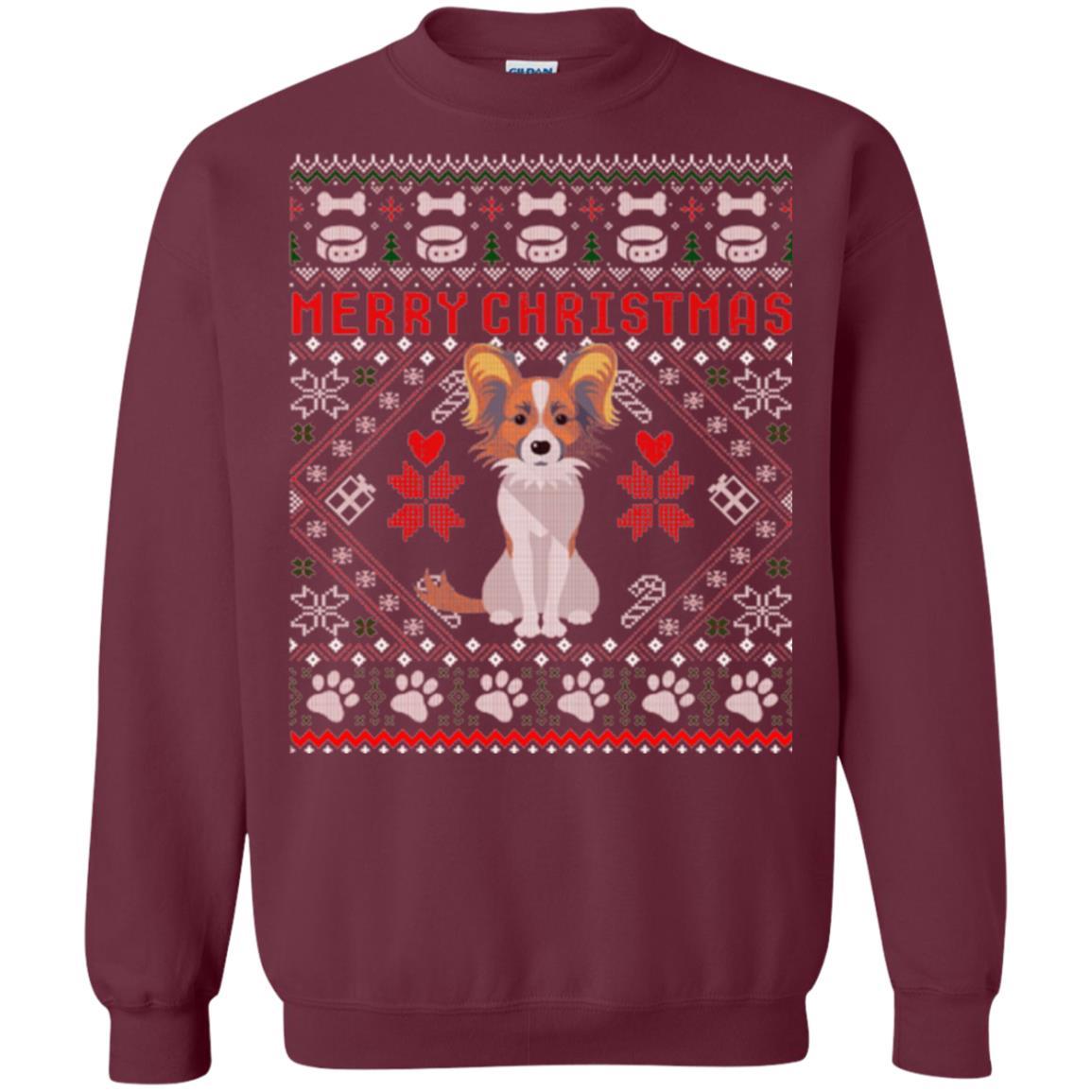 Dog Lover T-shirt Papillon Dog Merry Christmas Maroon
